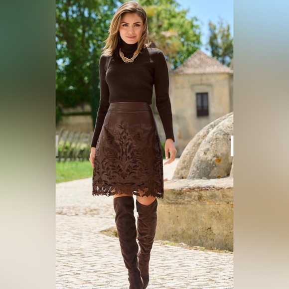 Boston Proper Dresses & Skirts - Boston Proper brown faux leather and lace cutout skirt.  NWT. Medium